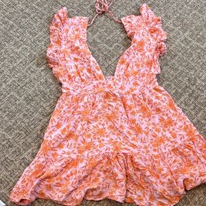 Stillwater Pink and Orange Deep V Mini Dress with Ruffle Size Medium